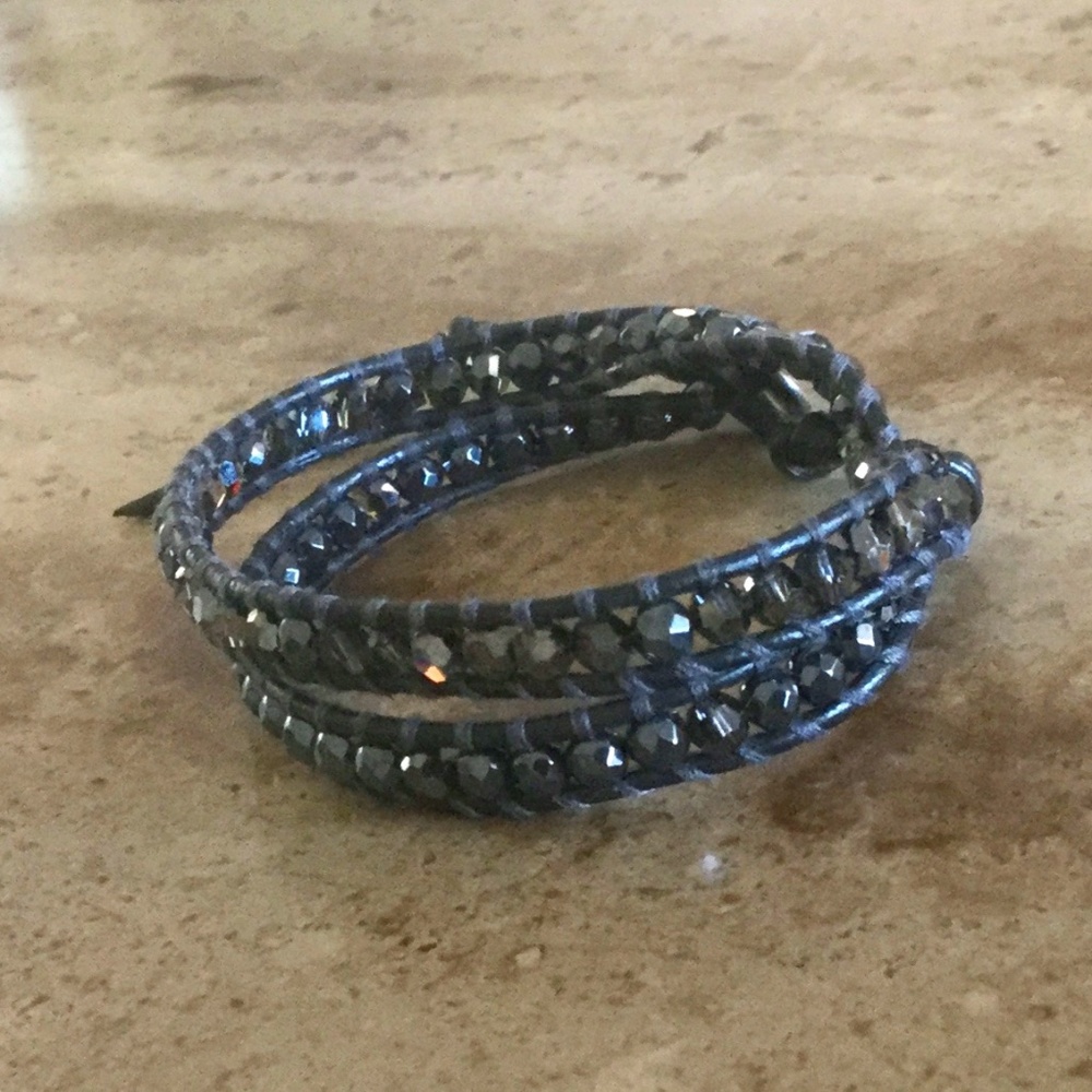 BRAND NEW Chan Luu Adjustable Double Wrap Crystal & Charcoal Leather Bracelet